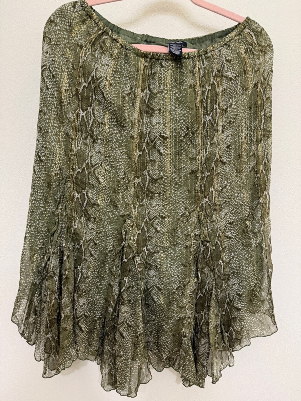 Boho Bob Mackie Studio Olive Green Snake Skin Print Skirt Size 10 97% Silk